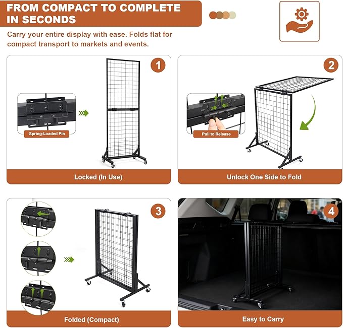 Foldable Grid Wall Panels Display Rack 5.6' x 2' FT with 30 Hooks, Movable Gridwall Display Stand for Retail Display Craft Merchandise