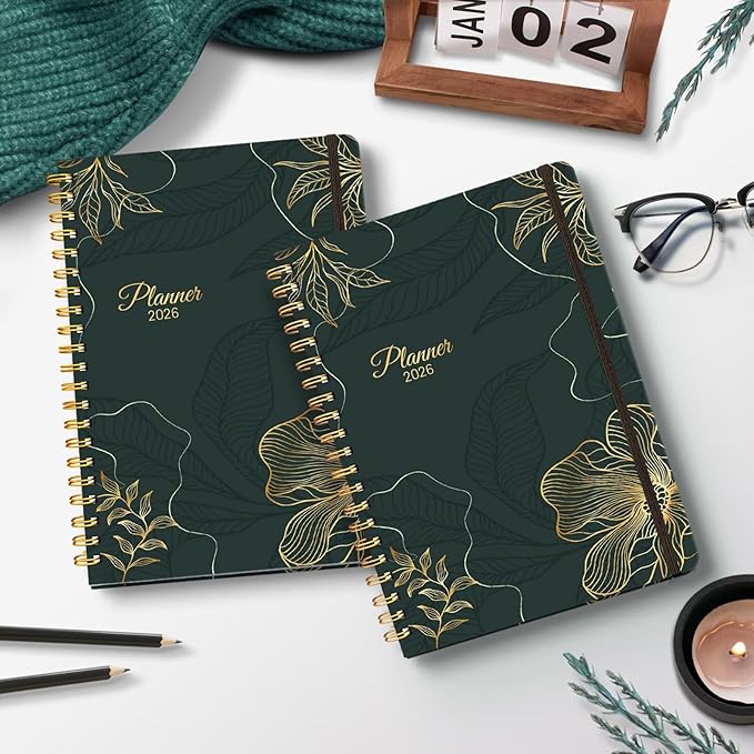 2026 Planner, A5 Weekly and Monthly Planners with Tabs, Spiral Bound Daily Calendar 2026 Planner, Agenda Organizers from Jan. to Dec., Hardcover Habit Tracker Journal 6.18" x 8.5" (Black Gold)