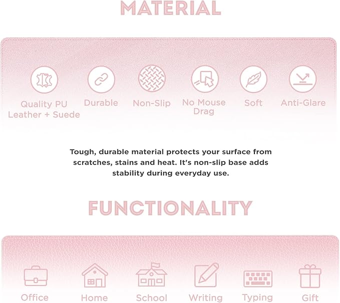 FTC PU Leather Desk Pad & Desk Blotter, Non-Slip Flannelette Base, Stitched Desk Mat for Keyboard, Mouse & Writing, Home or Office (Pink, 31.5” x 15.75”)