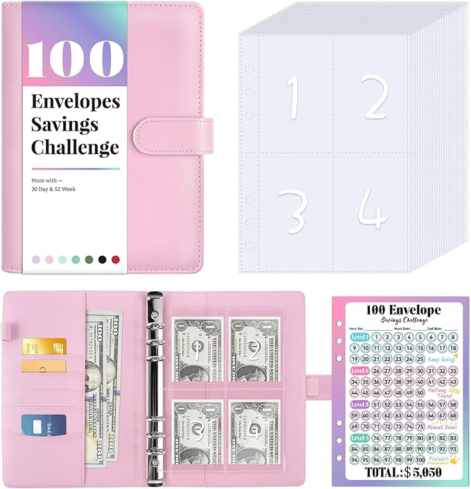 Sooez 100 Envelopes Money Saving Challenge, Savings Challenges Book with Envelopes, Flexible Saving $5050, $2600, $300, Savings Binder with 100 Pocket Pre-Number & Reusable Laminated Tracker