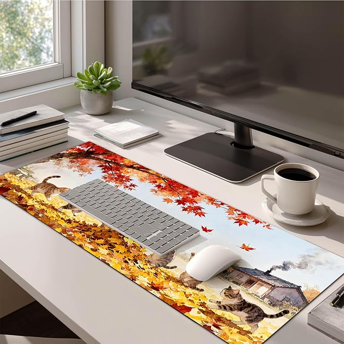 Cat XL Mouse Pad 31.5 x 11.8 Inch Gaming Mousepad Diatomite Large Keyboard Mouse Pad for Home and Office Desk Accessories with Autumn Leaves Kittens Illustration Featuring Stable Base