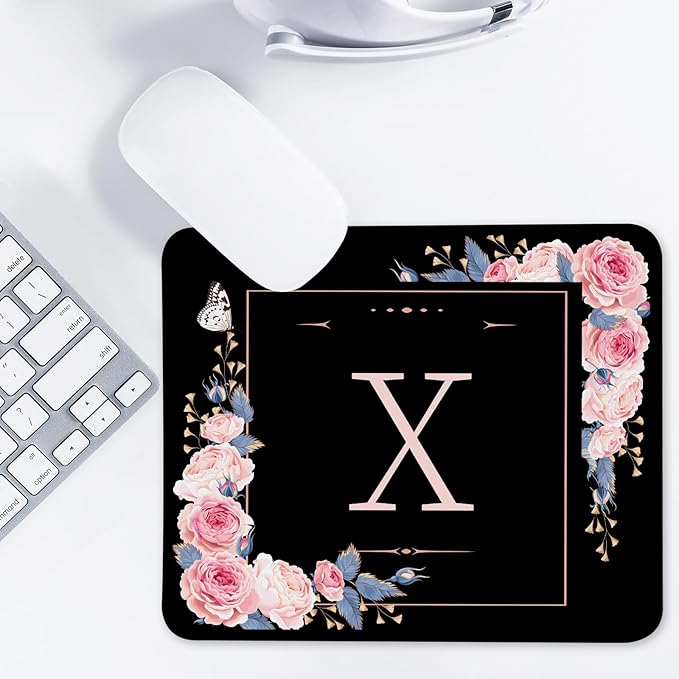 Letter X Black and Pink Flowers Square Mouse Pad, Mouse Pad with Stitched Edge and Non-Slip Rubber Base,Mouse Mat,Home Office Decor Desk Accessories,9.4x7.8x0.12 inch Square Mouse Pad