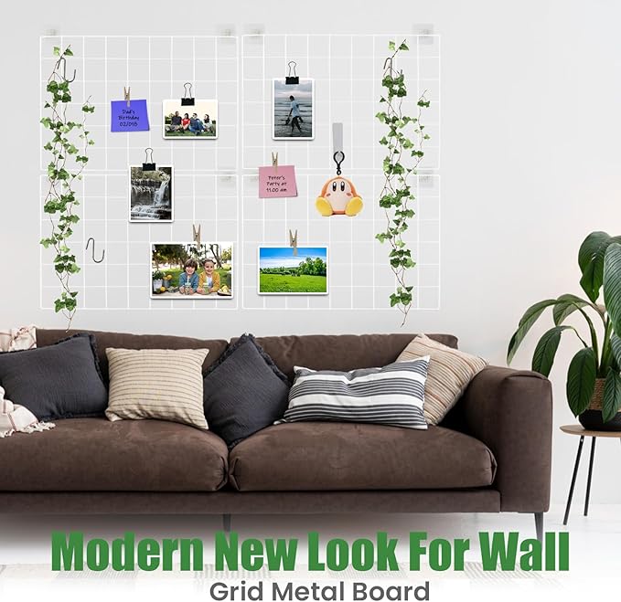 Metal Grid Wall Panel White, Wire Photo Display Organizer, 17.3"×11.8" Board, Picture Frame, 2-Pack Mesh Memo Board with Clips and Hooks