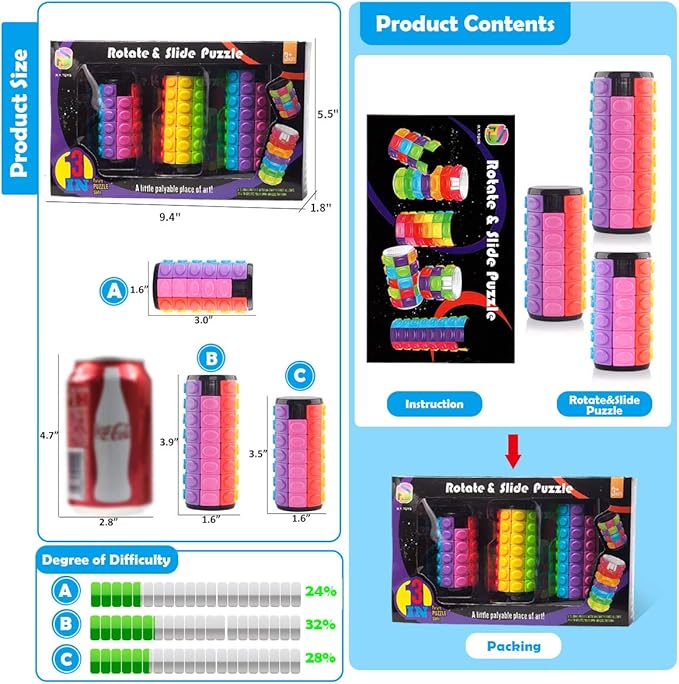 R.Y.TOYS Rotate and Slide Puzzle-Design Patent,Fidget Toys(Restore Order/Create Patterns) 8 Colors,4, 6 and 8 Layers-Detach Piece for Quick Play,Brain Teaser,Sensory Toy Gift,Stocking Stuffers