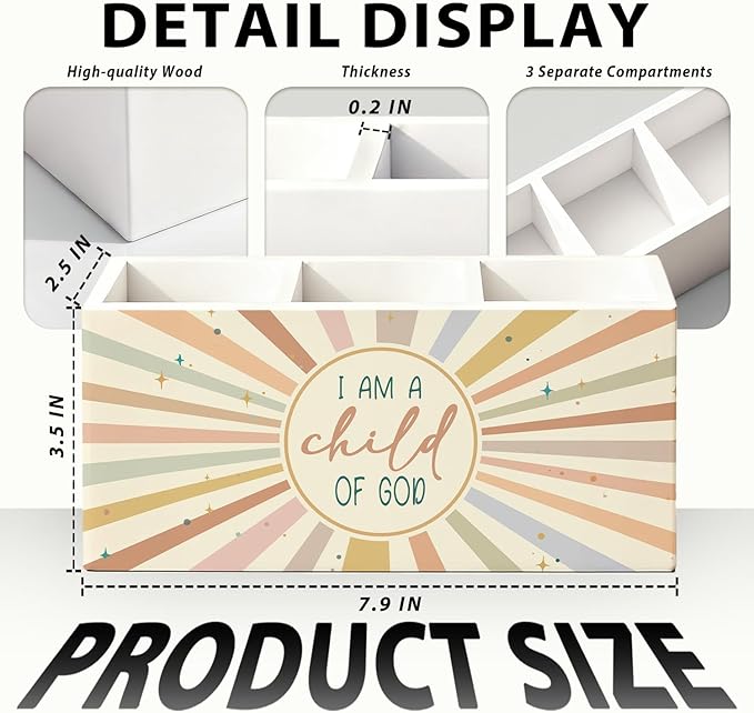 Boho Sunshine Christian Pen Holder, Christian Gifts Pencil Holder for Desk, I Am a Child of God Bible Verse Wooden Box Sign Decorations for Kids Nursery Room Bedroom Classroom Desk Tabletop