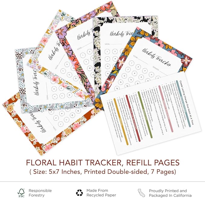 Habit Tracker Calendar - Made in USA, Designed by Local Artist, Motivational 30 day monthly challenge - Tool and gift for Productivity, Self-growth (Habit Tracker-Florals, Refill pages only)