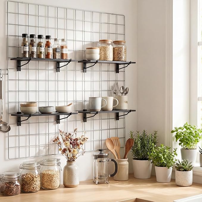 4 Pack Grid Wall Shelf with Metal Brackets 16"x 8" Wooden Grid Wall Shelves Organizer Heavy Duty Accessories for Garage, Craft Rooms, Retail Stores, Office, Workbench and Retail