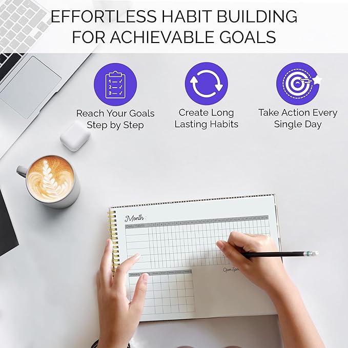 Habit Tracker & Goal Planner with Mood & Savings Trackers (8.75" x 11.25") - Undated Weekly & Monthly Habit Tracking - Goal Setting Journal - Spiral Binding with Modern Black Aesthetic Design