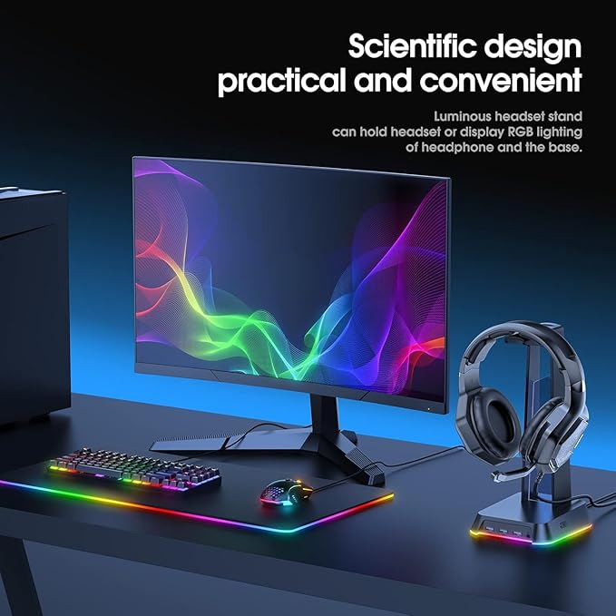 RGB Headphone Stand with 3.5mm AUX and 3 Port USB 2.0 Hub, Universal Gaming Headset Hanger Holder for Computer Gaming Gamer Accessories (Black)