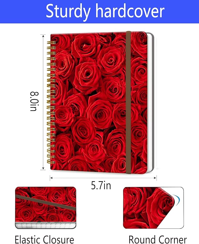 Spiral Journal Notebook, A5 Cute Notebooks for Women Men, College Ruled Hardcover Notebook for Work & Note Taking, 60 Pages Double-Wire Journals for Writing, Luxury Red Roses