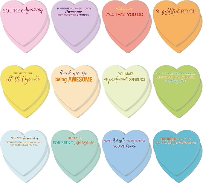 Teling 24 Pack Valentine's Day Sticky Notes Heart Shape Sticky Notes 3 x 3 Inch Thank You Notepads Bulk Cute Memo Pads for Galentines Party Gifts School Office Supplies (Pastel)