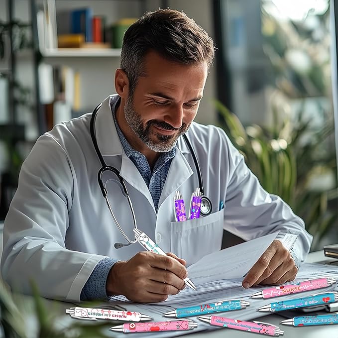 Idealmuzik Nurse Appreciation Week Ballpoint Pens Set of 10 – Nurse Theme Pens with Stethoscope, Heart & ECG Designs and Encouraging Quotes – Smooth Black Ink Pens for Hospital, Office, and Daily Use