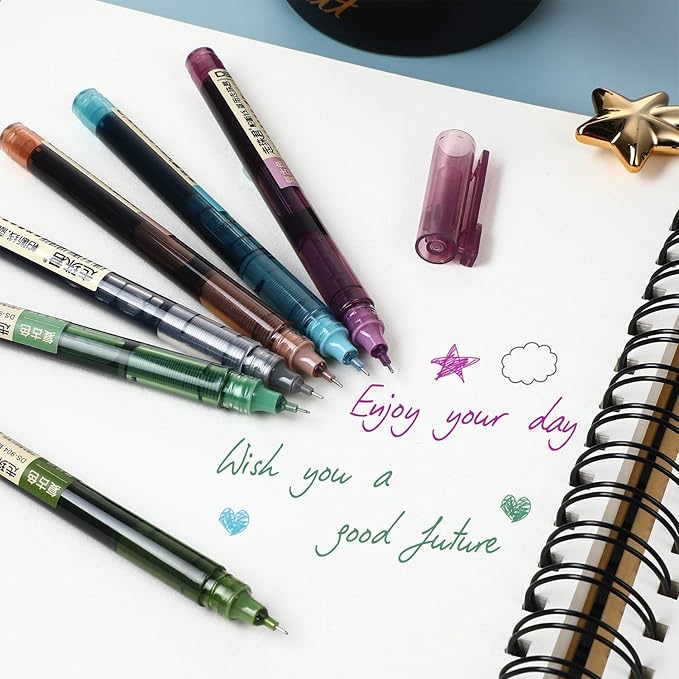 Frienda 12 Pieces Rolling Ball Pens 0.5 mm Japanese Quick Drying Fine Point Pens Liquid Ink Smooth Writing for Office Student Back to School Supplies