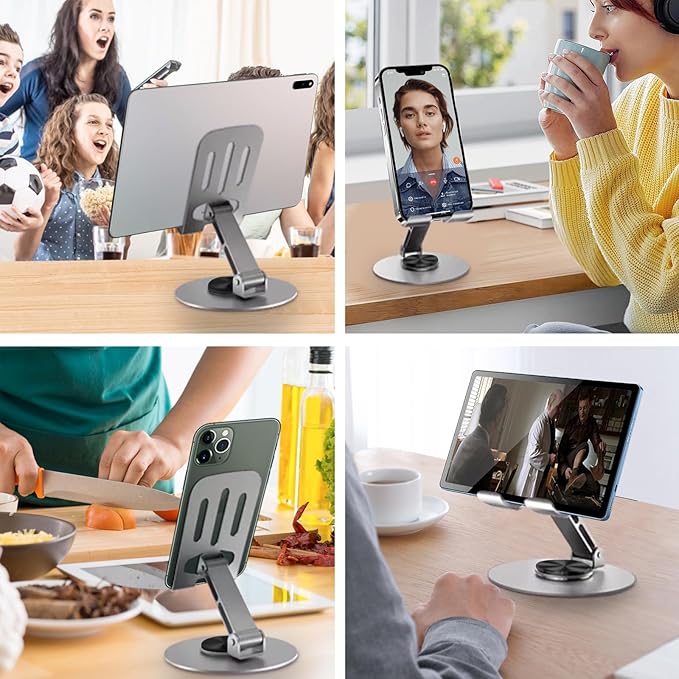 Universal Metal Cell Phone Stand, Multi-Angel Adjustable 360° Rotation Non-Slip Metal Phone Stand Compatible with iPhone 17 16 Pro Max and All Smartphones (Grey)