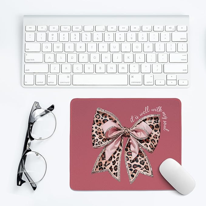 Coquette Pink Bow Mouse Pad,Christian Mouse Pad, Bow Themed Desk Accessories, Girly Leopard Desk Mat for Girls Dorm Home Office Desktop Decor,10.2x8.2Inch