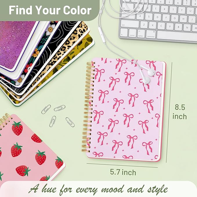 Stanoha Cute Spiral Notebook A5 Journal for Women Girls Kawaii Aesthetic Pretty Floral Design with Pocket, 8.5 x 5.7 inch, Graph, Bow