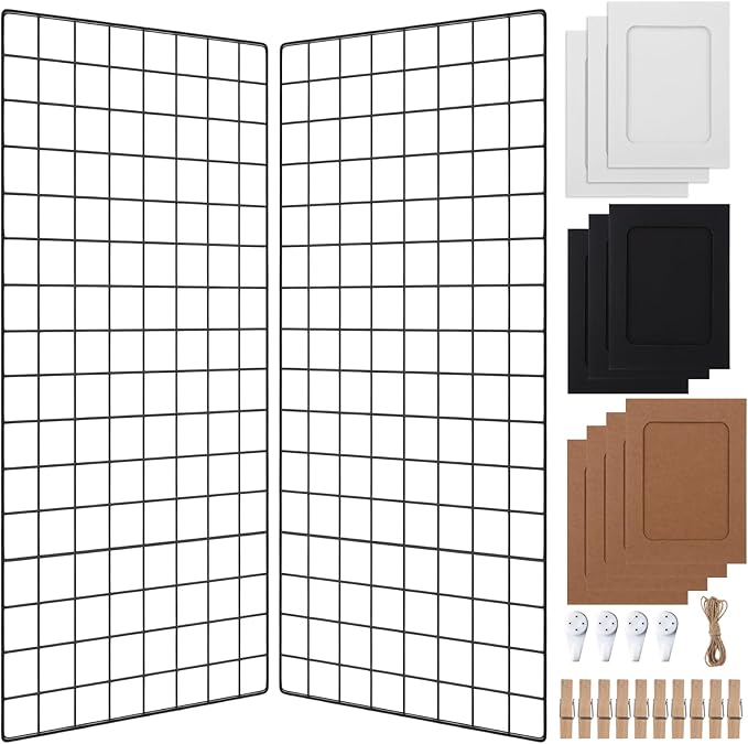 Lnrueg 2 Pack Wire Wall Grid Panel 30" x 15", Wall Grid Shelf with Photo Frames for Photo Display, Metal Mesh Message Board Memo Boards, Heavy Duty Gridwall Display Rack for Art Retail Display