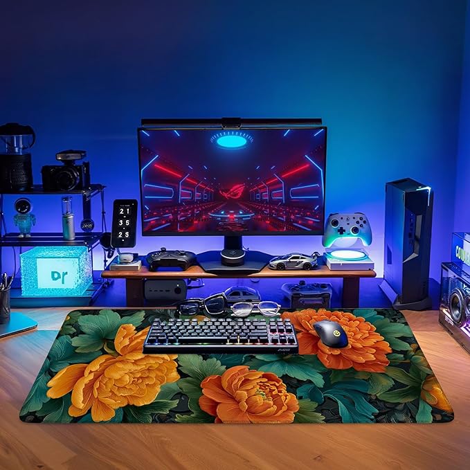 Retro Flower Extended Gaming Mouse Pad 35.4x15.7Inch Large Desk Mat Anti-Slip Rubber Base & Durable Stitched Edges for Gamers Smooth Mouse Writing Surface for Desk Office/Home