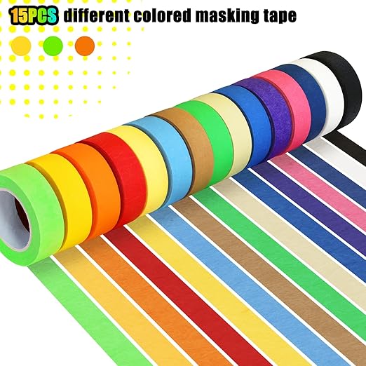 15 Rolls Colored Masking Tape, Colored Tape for Kids Art Supplies, DIY Craft Tape,Teaching Supplies and Labeling Colored Painters Tape 0.6 in x 10 Yard