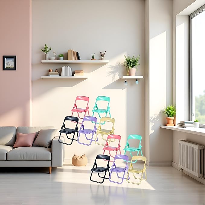 10Pcs Multicolour Folding Chair Phone Stand,Chair Phone Holder Stand, Mini Foldable Chair Phone Stand, Candy Color Universal Mobile Phone Holder,Foldable Stool Desk,Cute Mini Things,Telephone Stands