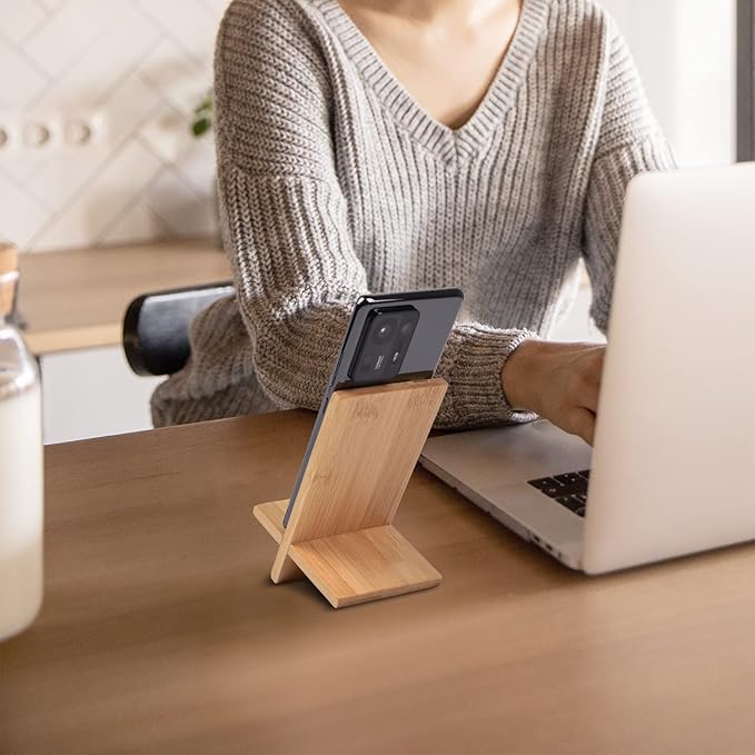 Mobile Stand Japanese Style Cellphone Holder Desktop Organizer Charging Station Compatible with All Smartphones Tablets Natural Bamboo Wood Portable Adjustable Angle (Pattern-Hole)