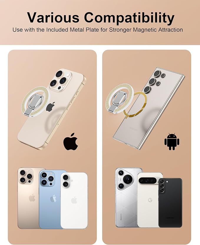 AILKIN Magnetic Phone Ring Holder Stand for Back of Phone, MagSafe Grip & Stand, Magnetic iPhone Holder for Hand, Mag Safe Kickstand for iPhone 17/16/15/14/13/12, MagSafe Ring Holder Grip-Gold Bling