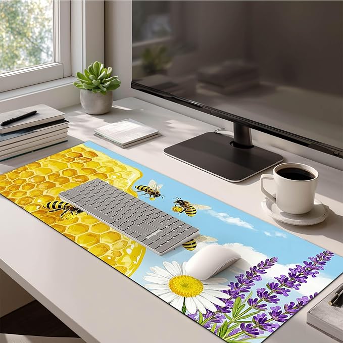Bees XL Mouse Pad 31.5 x 11.8 Inch Gaming Mousepad Diatomite Large Keyboard Mouse Pad for Home and Office Desk Accessories with Bright Honeycomb Scene Bees Artwork Smooth Control Surface