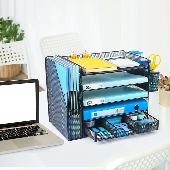Desk Organizers with File Holder, 5-Tier Paper Organizer Letter Tray with Sliding Drawers and Extra Pen Holder, Mesh Desktop File Organizer for School Office Supplies, Black.