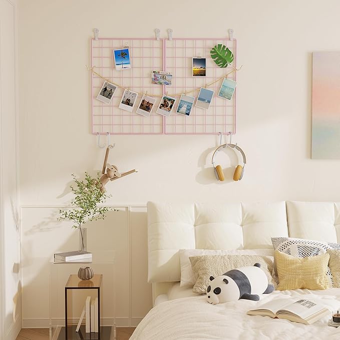 C&AHOME Photo Wall Display Set of 2, Grid Panel with Hooks, Clips, Hemp Cord, Hammer - 15.7" x 11.8", Pink UWWGM3402P
