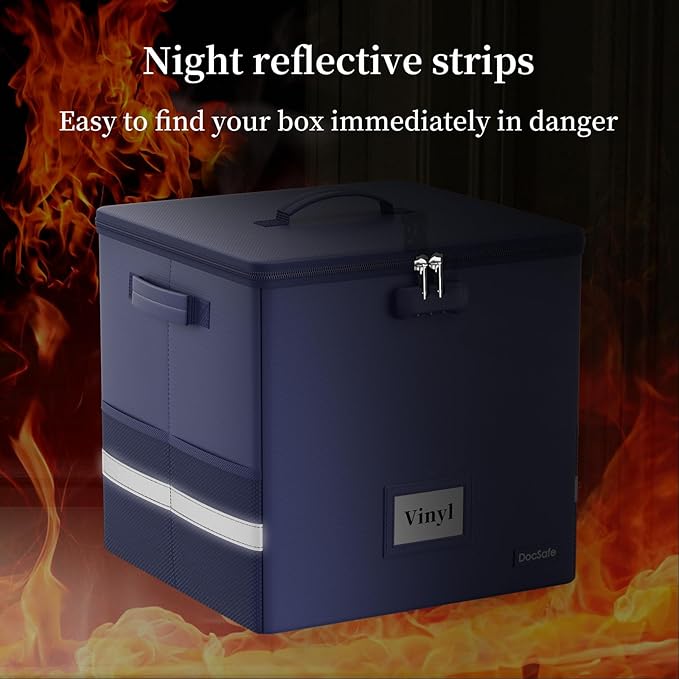 DocSafe Vinyl Record Storage Box with Lock, Fireproof&Water Resistant Record Organizer for 100+ Single Records(12-inch), Collapsible Storage Crate with Lid&Handles for Valuable Album Collection, Blue