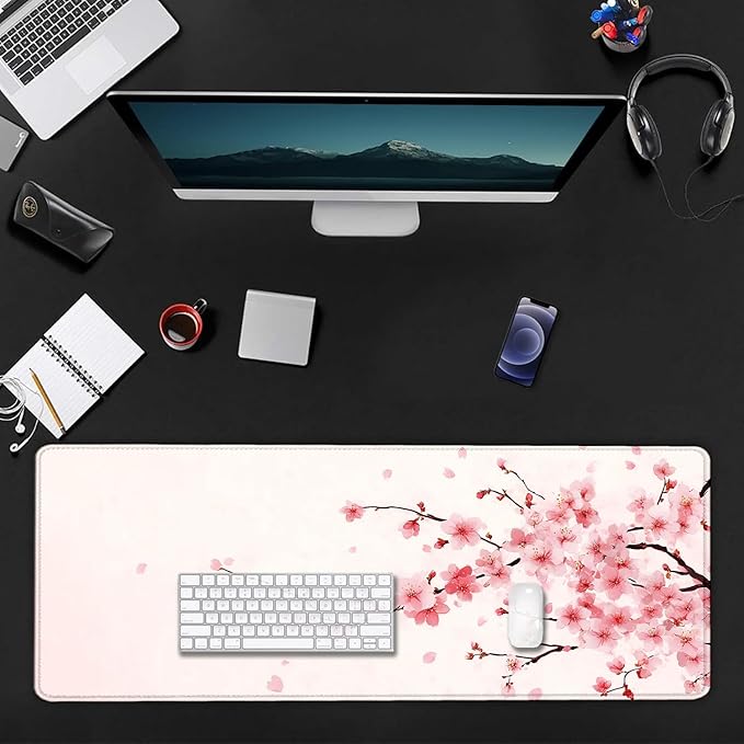Pink Cherry Blossom Japanese Large Mouse Pad, Desk Mat Computer Keyboard Pad Non-Slip Rubber Base Waterproof with Stitched Edges for Laptop Gaming, Office & Home 31.5 x 11.8 Inch