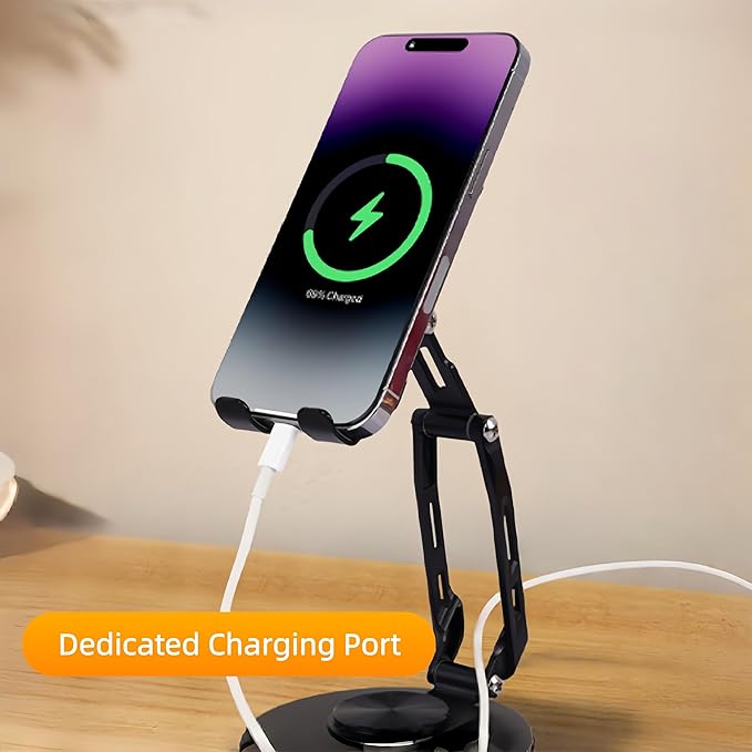 All-Metal Cell Phone Stand 360° Rotatable & Height Adjustable - 25KG Super Load-Bearing, Foldable Desk Stand for Phone & Tablet, Compatible with iPhone 17/16/15/14, Nintendo Switch, Black