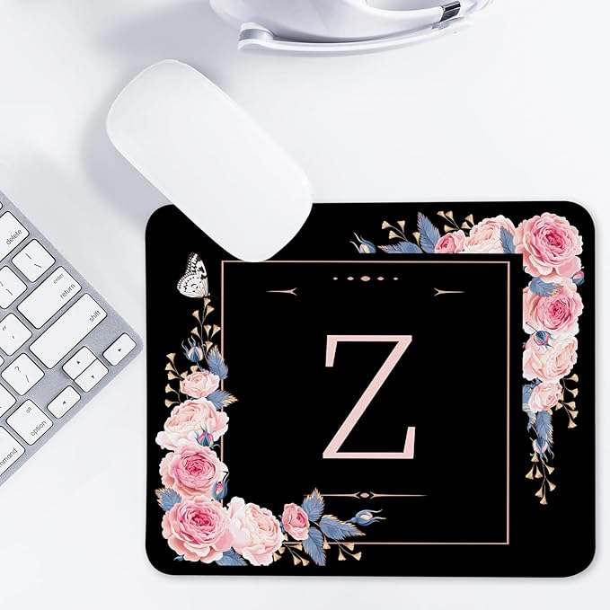 Letter Z Black and Pink Flowers Square Mouse Pad, Mouse Pad with Stitched Edge and Non-Slip Rubber Base,Mouse Mat,Home Office Decor Desk Accessories,9.4x7.8x0.12 inch Square Mouse Pad