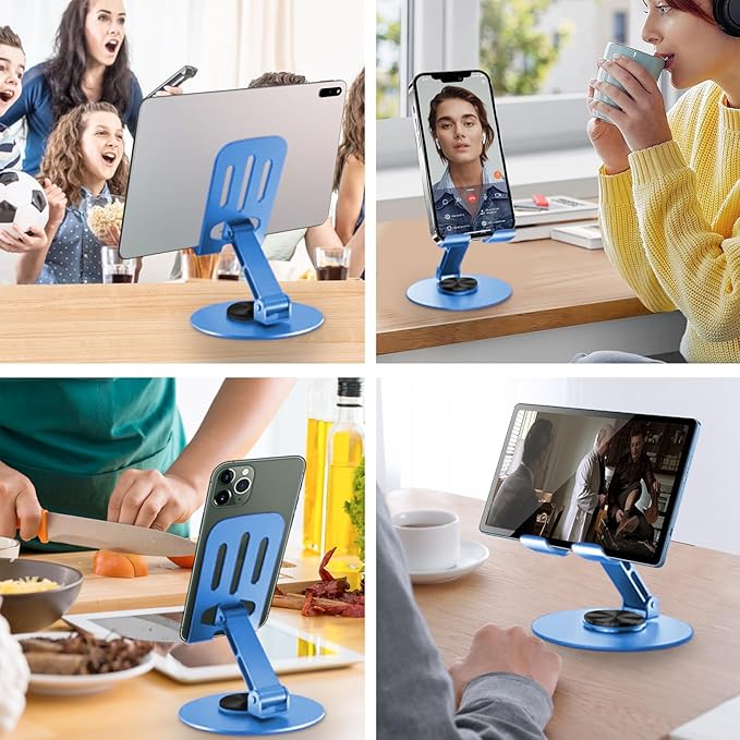 Universal Metal Cell Phone Stand, Multi-Angel Adjustable 360° Rotation Non-Slip Metal Phone Stand Compatible with iPhone 17 16 Pro Max and All Smartphones (Blue&Blue)