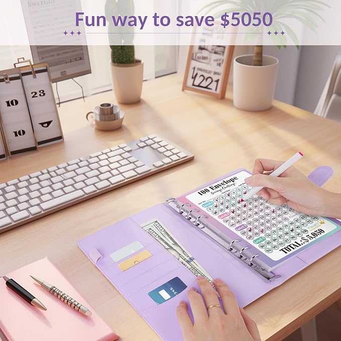 2PCS 100 Envelopes Money Saving Challenge, Savings Challenges Book with Envelopes, Flexible $5050, $2600, $300, Binder with 100 Pocket Pre-Number & Reusable Laminated Tracker