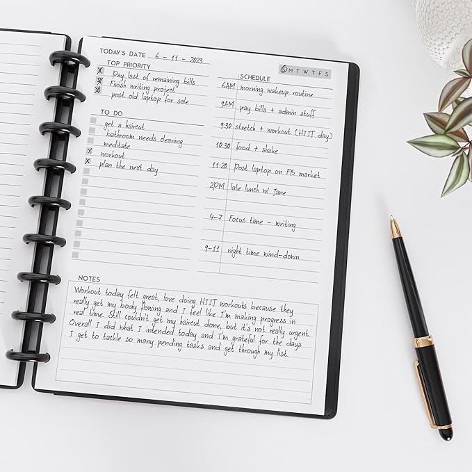 Discbound Undated Daily Plan Paper Refill, 120 GSM, 80 Sheets (160 Pages/Days), Happy Planner 9 Disc Pre-Punched Inserts, Loose Leaf, White, 7 inch x 9.25 Inch, Daily To-Do, Notes, and Scheduling