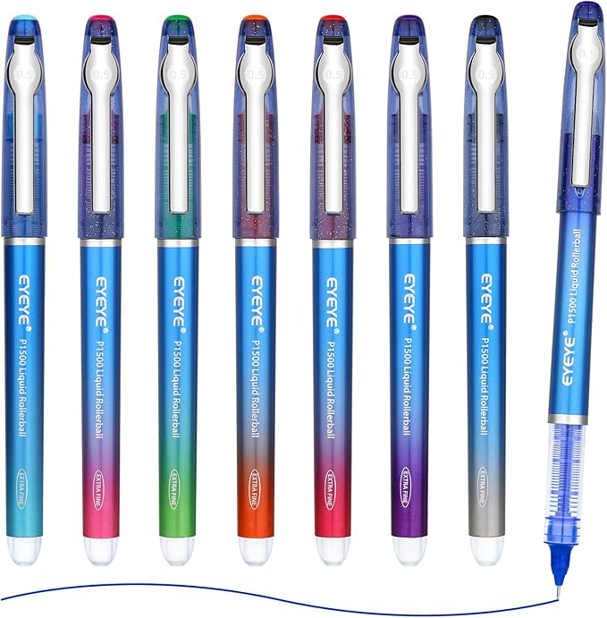 EYEYE 0.5mm Roller Ball Pens 8 Assorted Colors, Quick Drying Liquid Ink Needle Rollerball Pens Extra Fine Point Smooth Writing Pen for Journaling, Note Taking, Office, School Supplies & Gifts