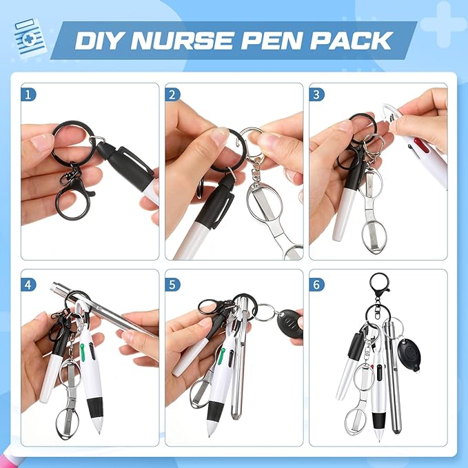 6 Pcs Nurse Pen Set Include Permanent Marker Pen Pen Lights for Nurses Retractable Ballpoint Pen Nursing Keychain Clip Foldable Scissors LED Flashlight Keychain for Nurse Accessories (Silver)