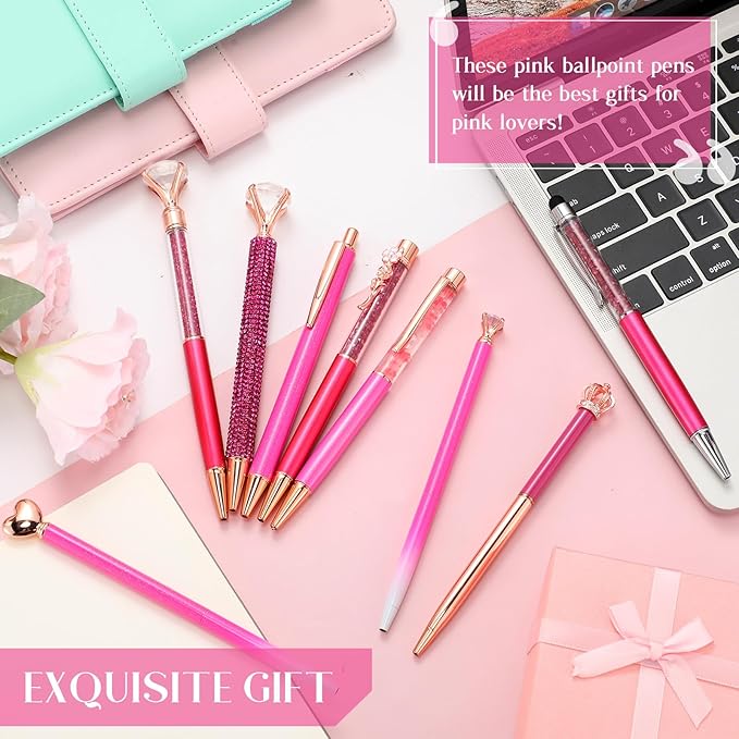 Janmini 9 Pcs Ballpoint Pens Set Metal Crystal Diamond Glitter Pens for Journaling Black Ink Pretty Cute Things Fancy Stationery Gifts for Women Girls Birthday Home Office Desk(Fluorescent Pink)