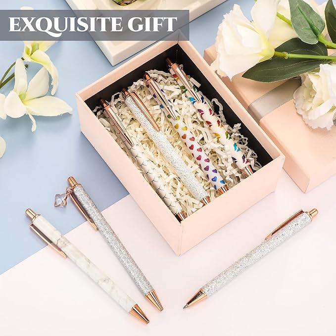 Sherr 7 Pcs Fancy Pens for Women Cute Sparkly Glitter Pens with 10 Pcs Black Ink Refills Pretty Gifts for Girls Office School Christmas Graduation(Novel)