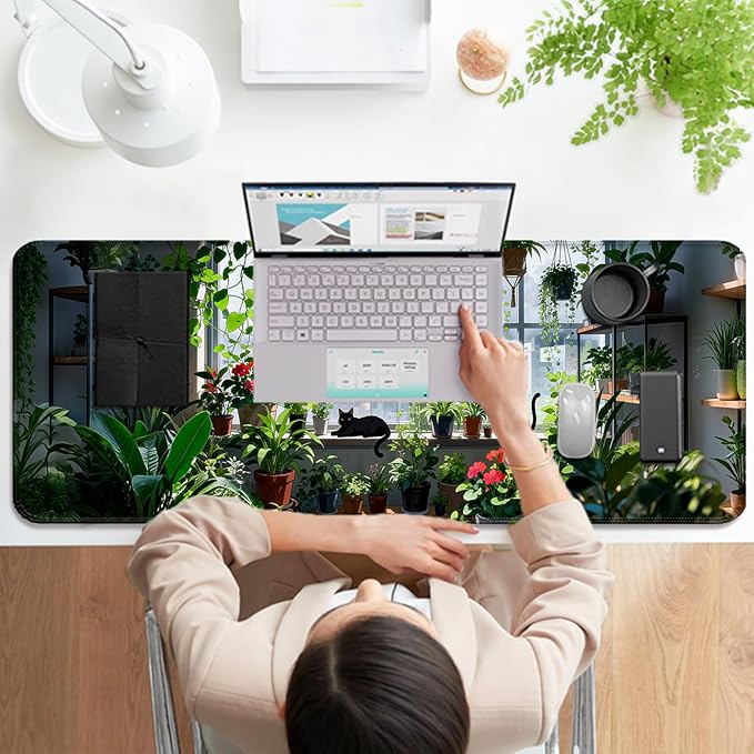 Japanese Anime Cute Cat XL Large Desk Mat, Extended Long Green Plant Desk Pad for Gaming and Office, Non-Slip Rubber Base, Comfortable Surface Kawaii Mouse Pad, 31.5x11.8 in (H13)