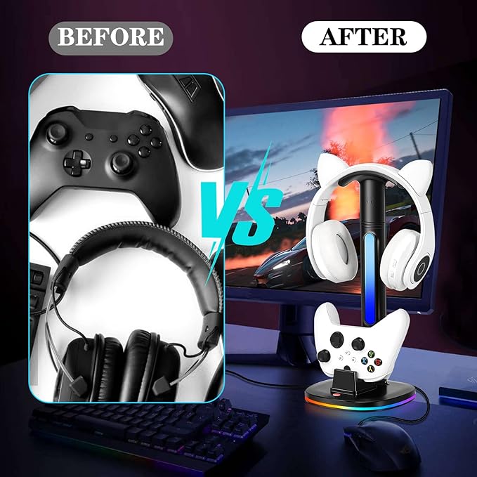 Controller Charger with RGB Headphone Stand for Xbox Series X|S/Elite 2/One/One X/One S/One Elite, XSX Controller Charger Station with 2 USB Port, Headset Stand for Xbox Charging Station Dock