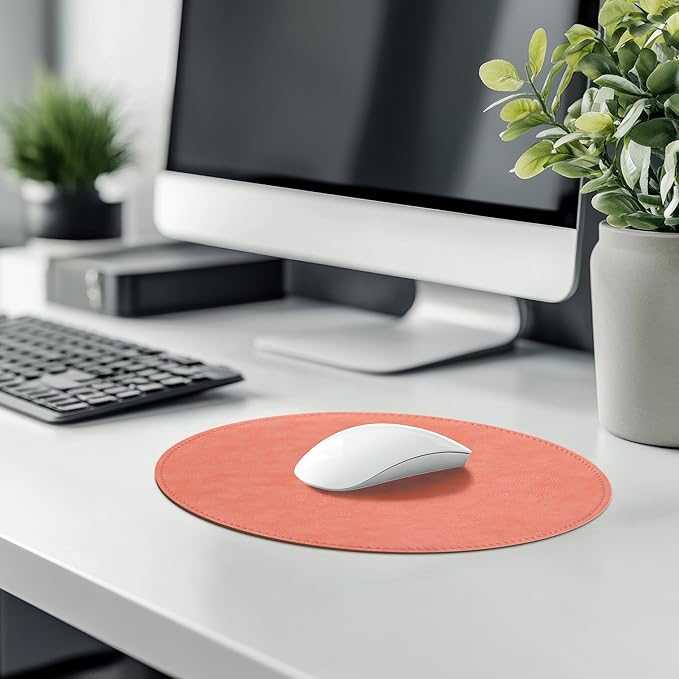 Mouse Pad,Round Mouse Pad,PU Mouse Pad,Leather Mouse Pad with Stitched Edge Micro-Fiber Base with Non-Slip Waterproof,Mouse Pad for Computers,Laptop,9 x 9 Inch (Pink)