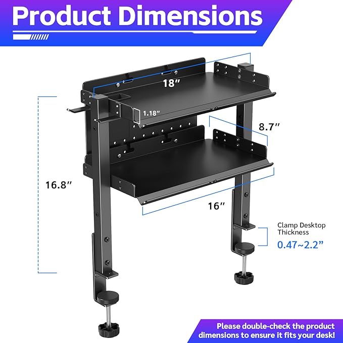 2-Tier Steel Clamp On Desk Shelf, Adjustable 16 inch Desk Storage Shelves with Pegboard and Pencil Holder,Above or Under Heavy Duty Desktop Organizer with Headphone Holder for Desk Accessories (Black)