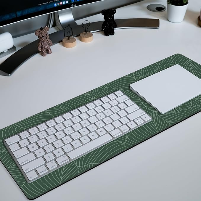 Large Mouse Pad Green Tropical Leaves Extended Gaming Mousepad Waterproof Desk Pad with Non-Slip Base and Stitched Edge Keyboard Pad XL 11.8 x 31.5 Inch Mouse Mat for Home Office Desk Decor