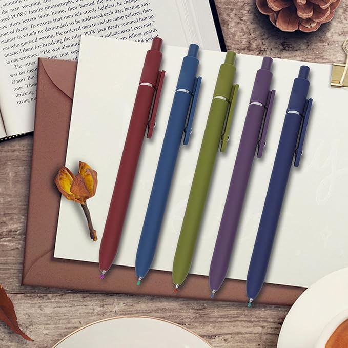 Gel Pens, 5 Pcs 0.5mm Quick Dry Black Ink Fine Point Smooth Writing with Silicone Grip,High-End Series Metal Clip Retractable Pens for Journaling Note Taking (Vintage)