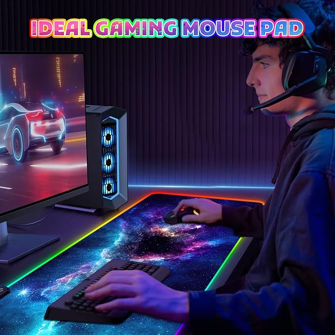 ToLuLu RGB Mouse Pad Gaming, Large LED Mouse Pad with 14 Lights Modes, 35.4 x 15.7 inches XXL Desk Mat for Keyboard and Mouse, Extended Desk Pad Mat PC Gaming Mousepad Accessories(Blue Purple Galaxy