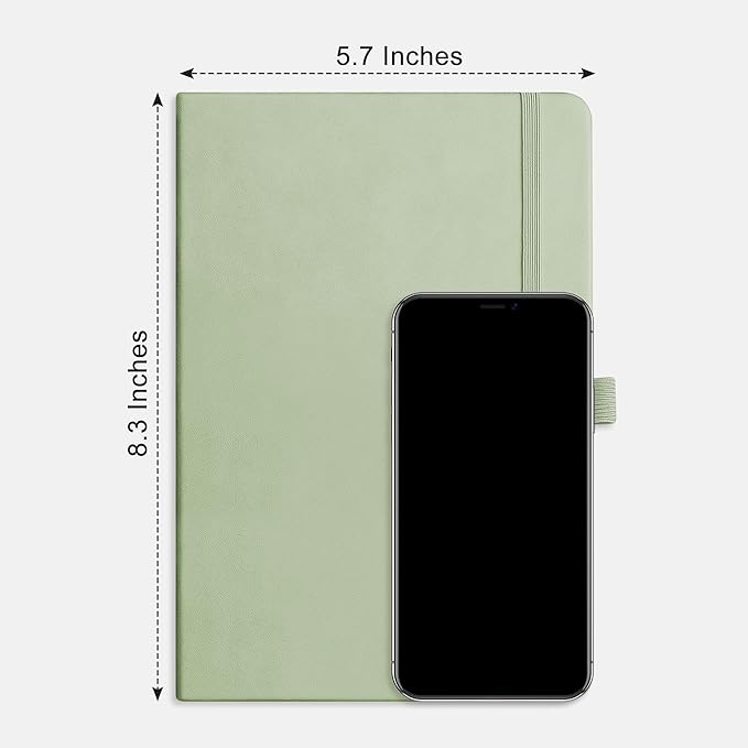 RETTACY Dotted Journal Notebook, 192 Pages, A5 Medium Size (5.7'' x 8.3''), Leather Hardcover, 100 GSM Thick Paper, for Bullet Journaling, Planning, Tracking (Light Green)