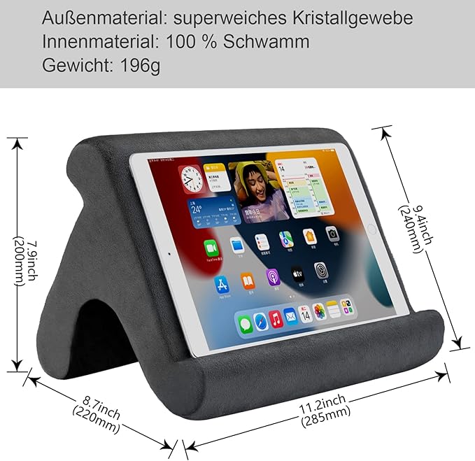 Tablet Pillow Stand - Holder & Dock for Bed with 3 Viewing Angles, Compatible with Tablets, Phones & iPad Pro 9.7, 10.5, 12.9 Air Mini 4, 3, Kindle, E-Reader & Books (Grey)