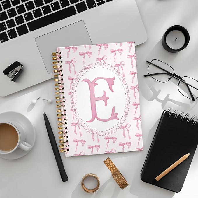 LIANGW Pink Bow Journal Notebook for Teen Girls,Initial E Journals Personalized Diary Gifts for Teen Girl Kids, Monogrammed Gifts for Women, Coquette Cute Hardcover Spiral Notebook 5.5 x 8.3